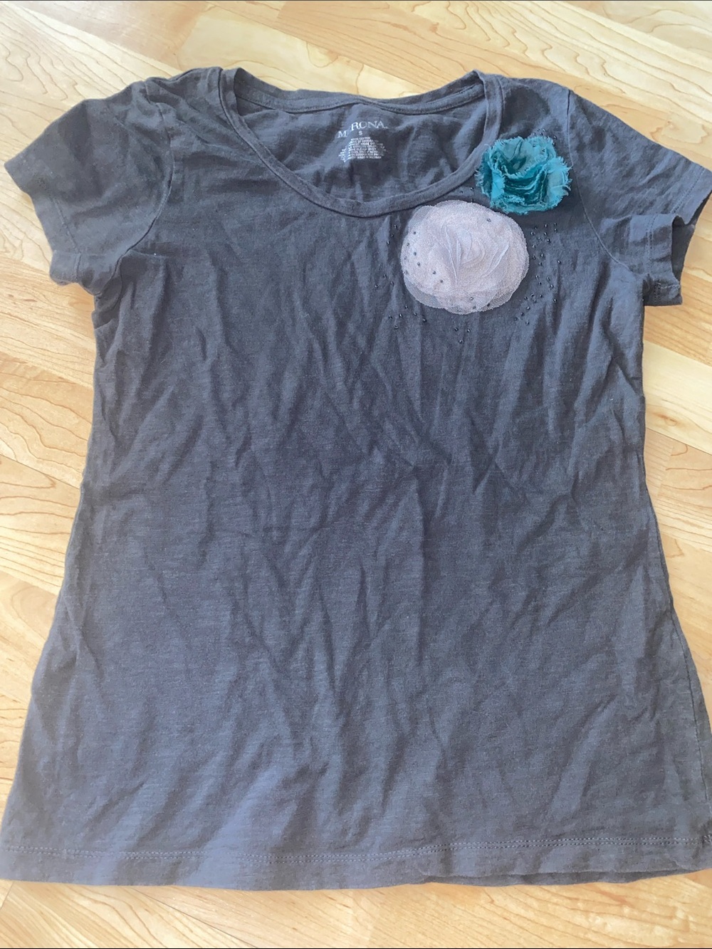 Charcoal Tee with Teal and Light Gray Floral Appliqués
